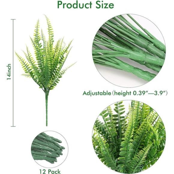 12 Bundles Artificial Plants, Fake Boston Fern Greenery Outdoor UV Resistant - Picture 2 of 6
